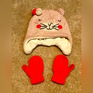 Toddler girls fleece lined cat hat & mittens 2t - 5t